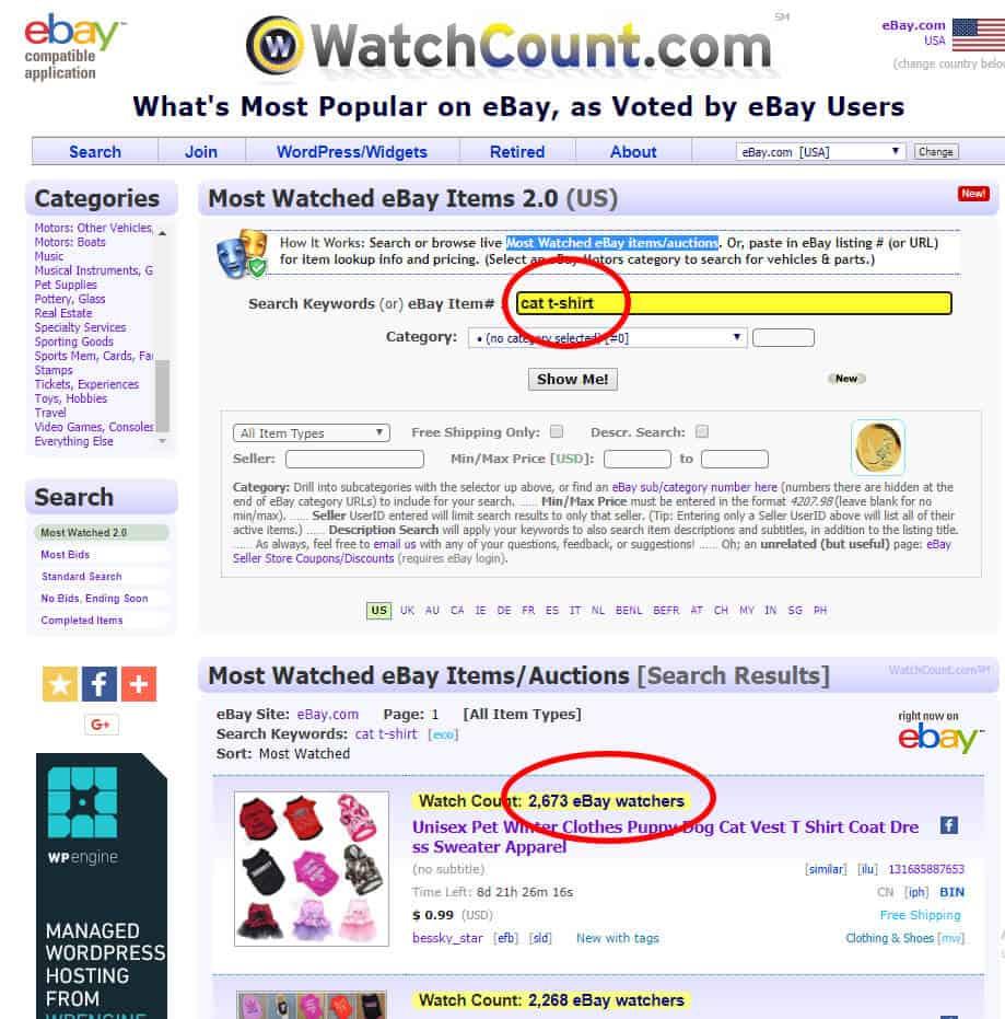 Screenshot of WatchCount where a user is searching for cat T-shirts