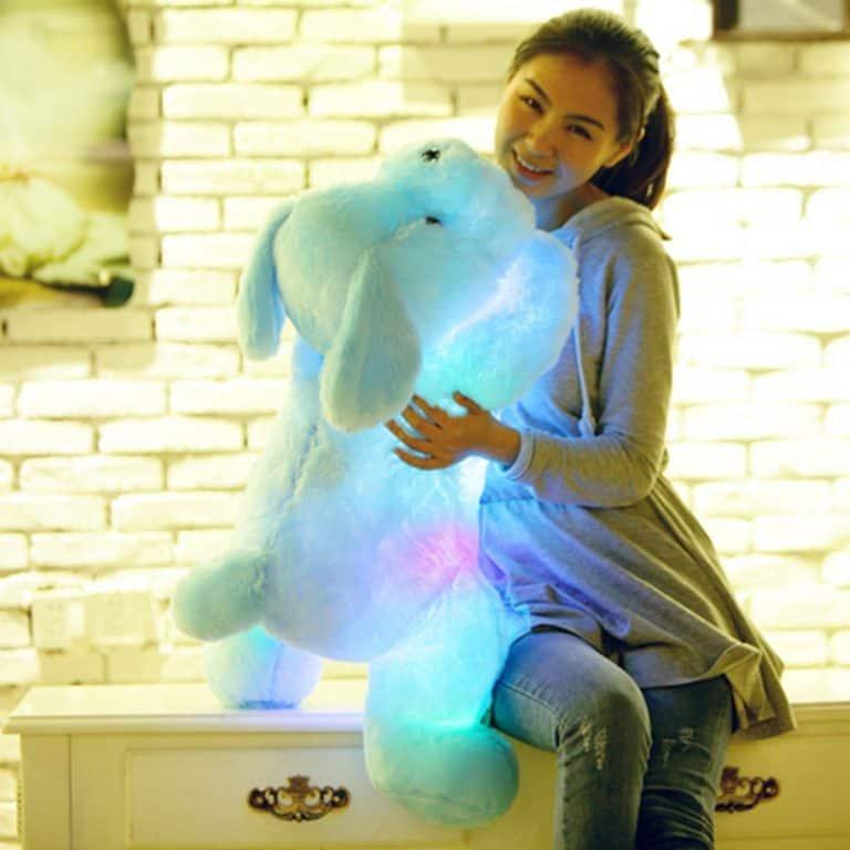 An Asian girl holding a cute luminous plush toy