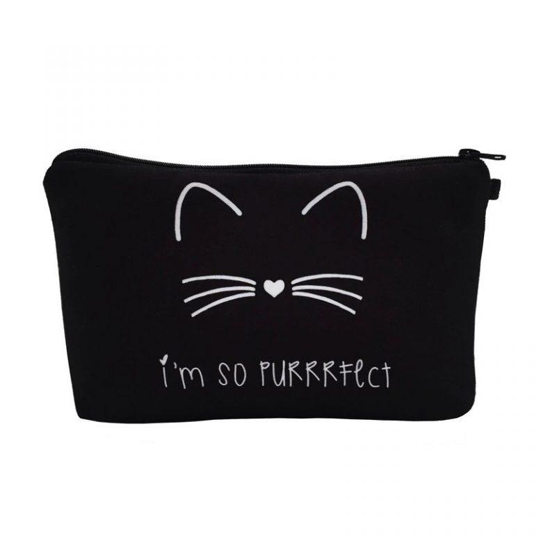 Cute black make-up bag with an inscription saying “I’m so purrrfect” 