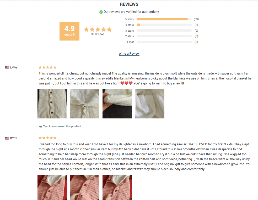 An example of product rating and reviews