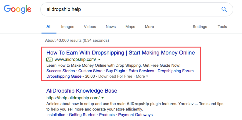 PPC ad on Google: example of how to drive traffic to your online store
