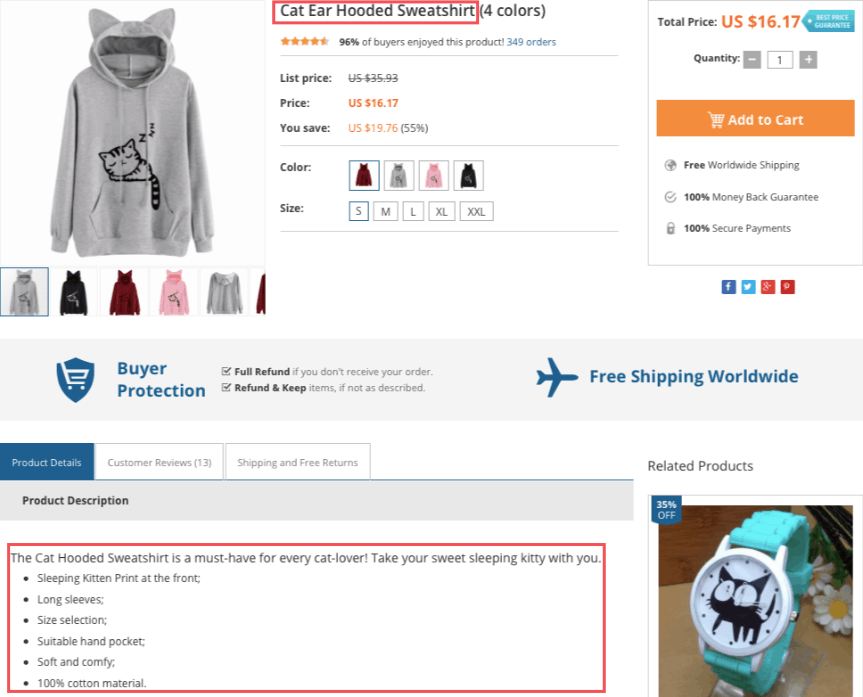 A product page of a cat ear hoodie properly optimized for search engines.
