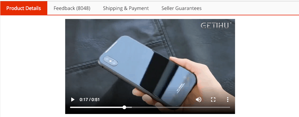 Screenshot of an AliExpress product featuring video materials