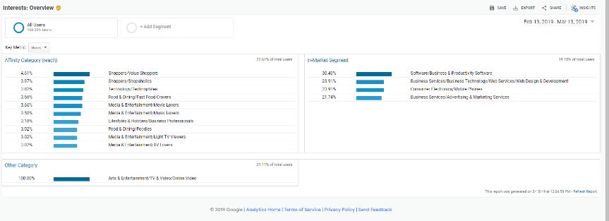 Google Analytics data on the interests of a target audience