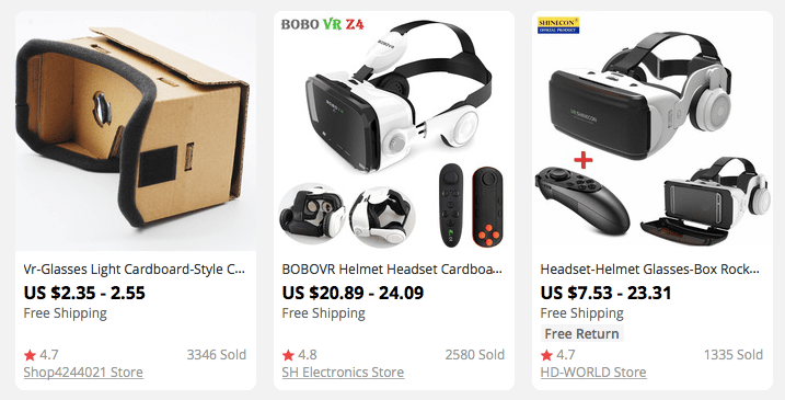 Virtual reality devices sold on AliExpress
