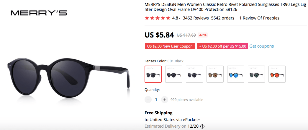 a screenshot with classic retro sunglasses to sell in your online store for profit