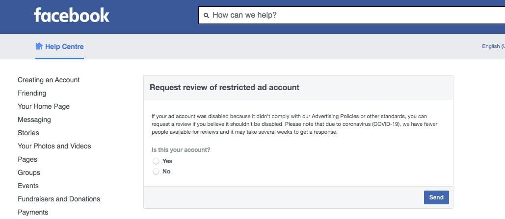 Screenshot of a Facebook Help Center page where you can ask to revive your ad account