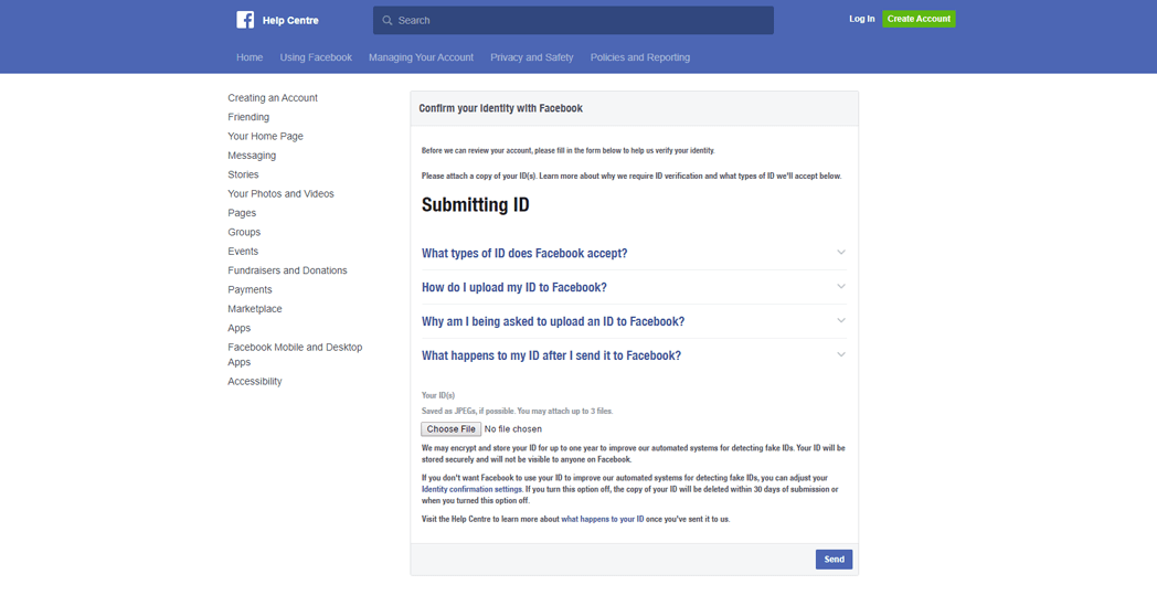 Facebook Help Center will ask you to submit your personal ID