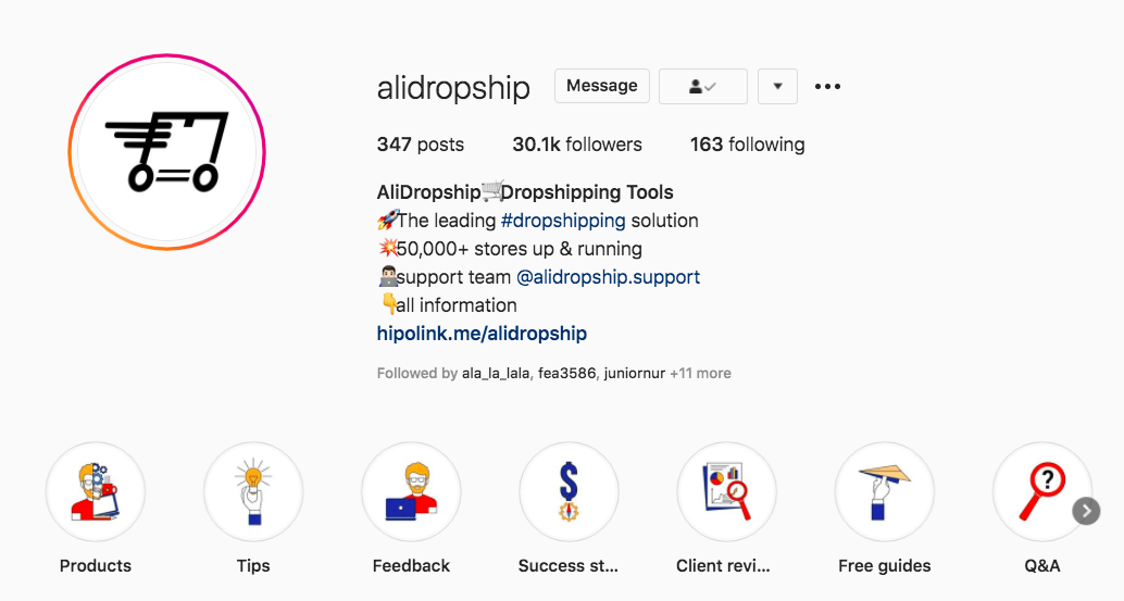 AliDropship's Instagram business profile