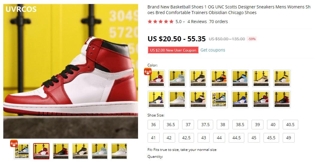 Screenshot of an expensive pair of shoes one can find on AliExpress