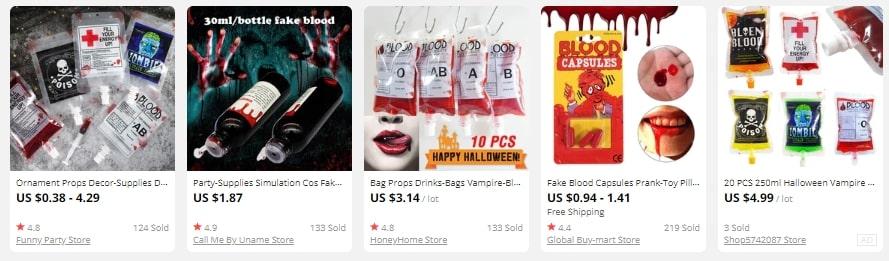 Image of fake blood on AliExpress that can make a great Halloween product to sell