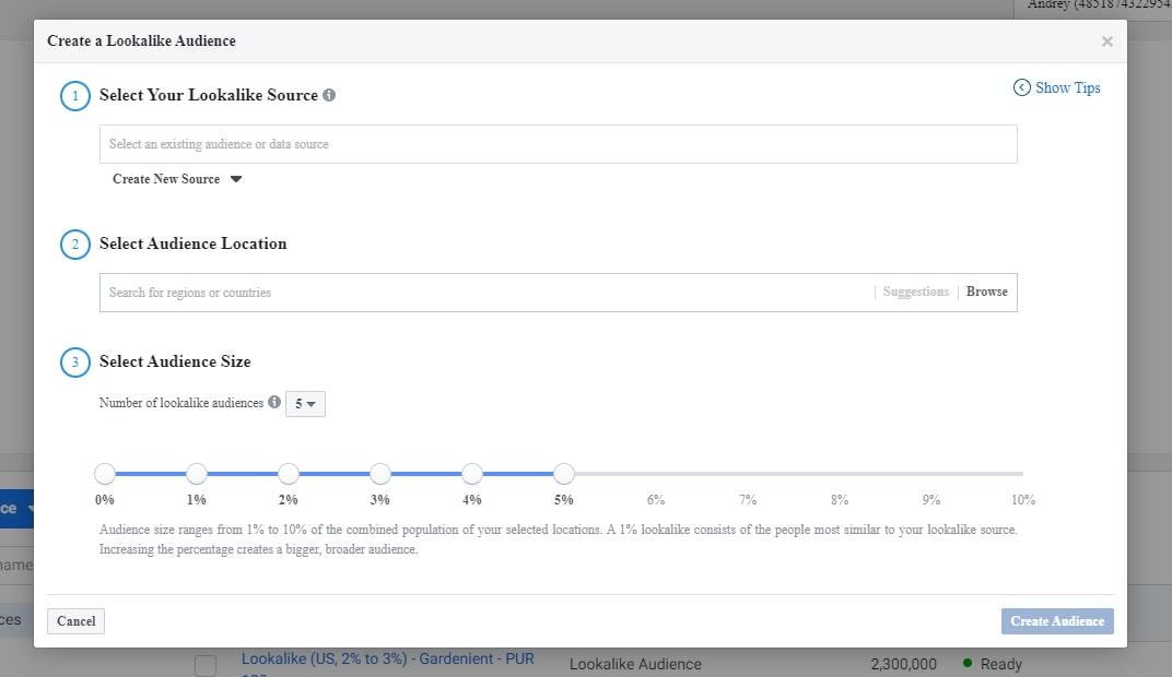 Screenshot demonstrating how a Facebook lookalike audience can be divided into segments