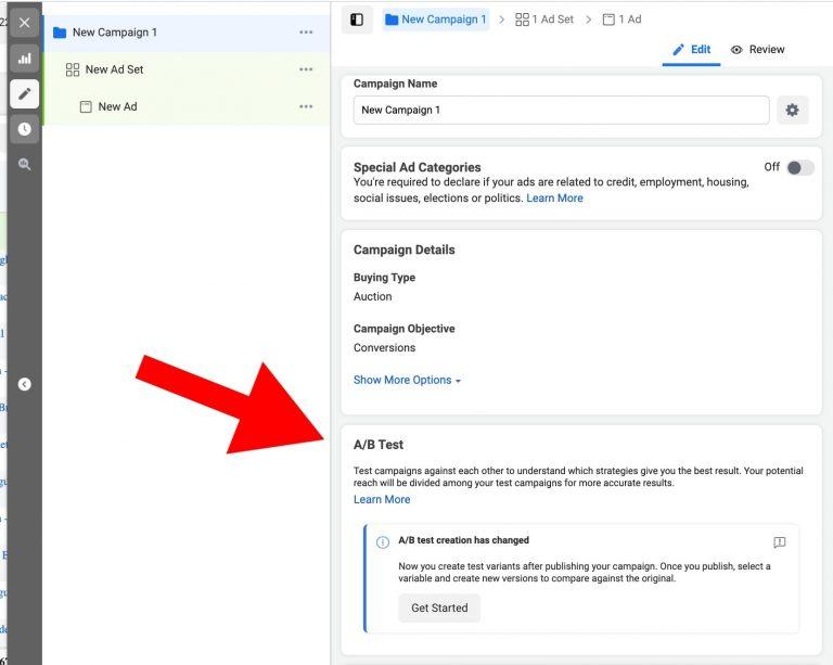 A/B test option in new Facebook campaign settings