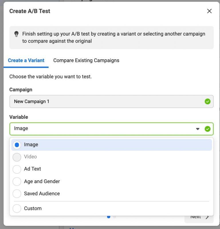 Split testing: Facebook allows you to choose from a list of variable you want to test