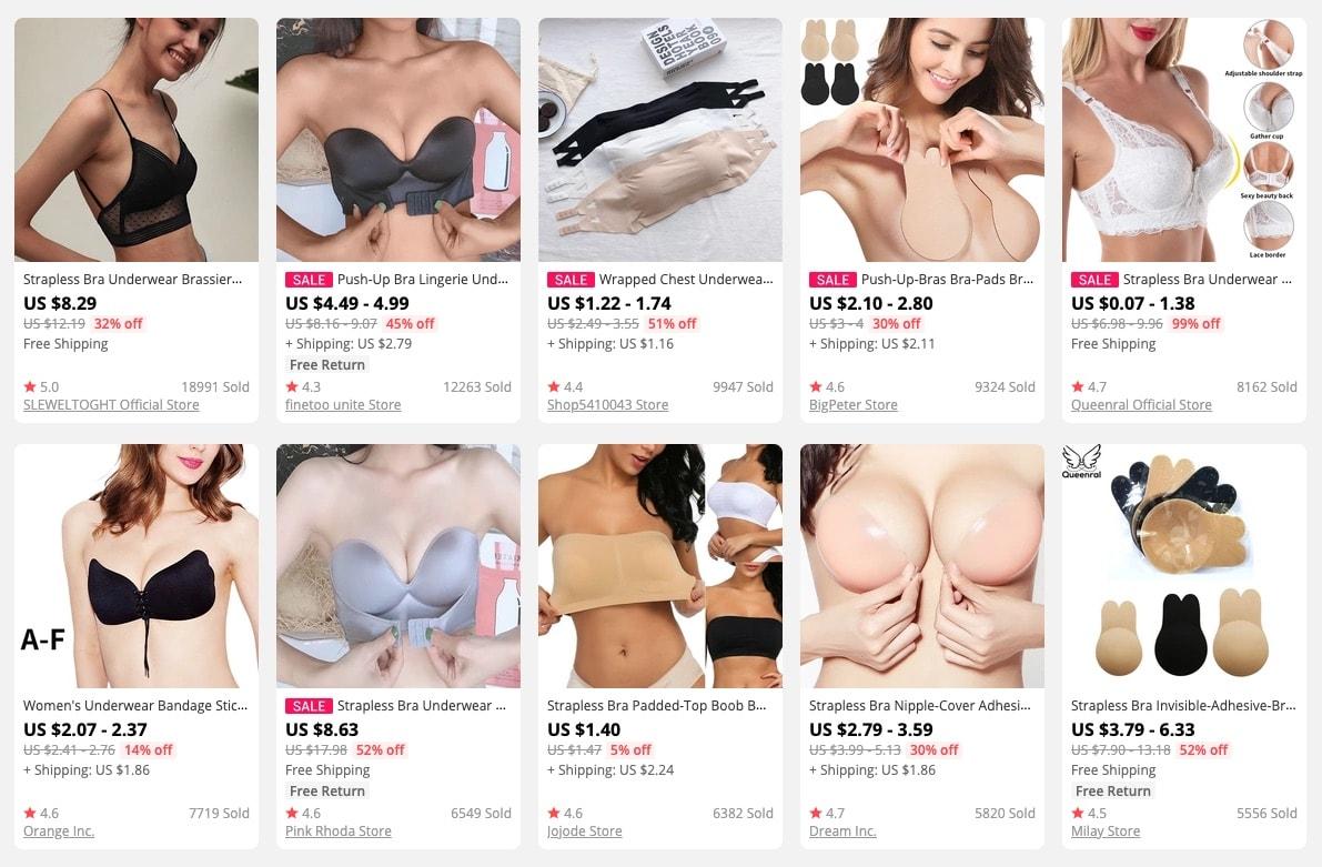 a picture showing strapless bra as trending products to sell in 2021