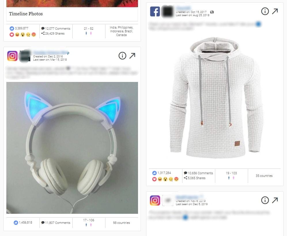 Examples of dropshipping ads of earphones and a sweater found on AdSpy