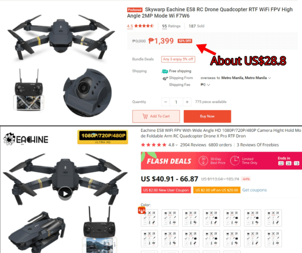Screenshot of identical drones listed on Shopee and AliExpress, and their pricesr