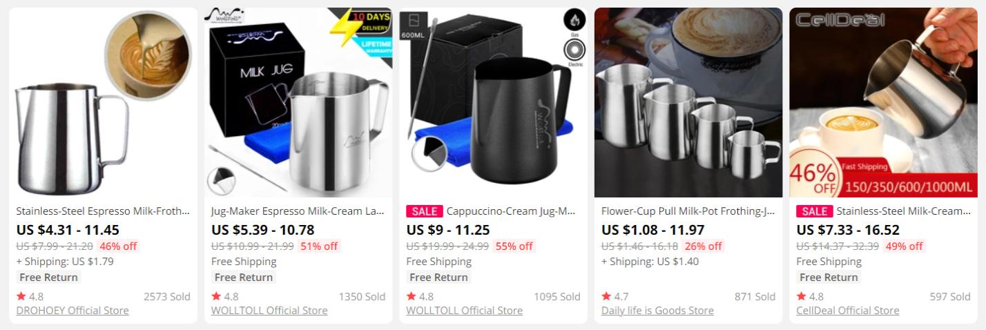 An AliExpress page with pitchers