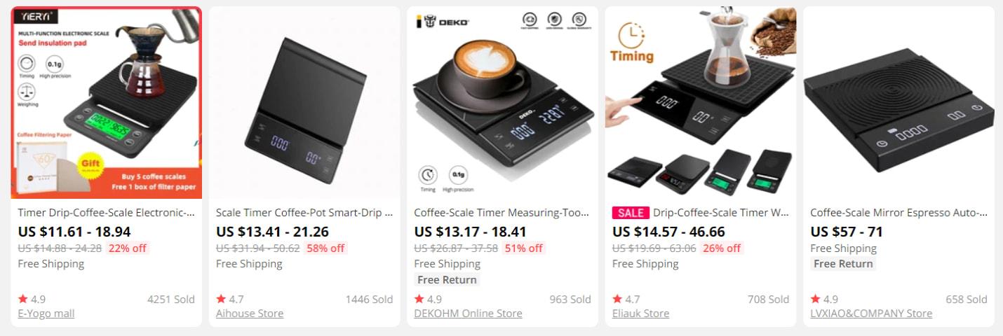 Five models of coffee scales found on AliExpress